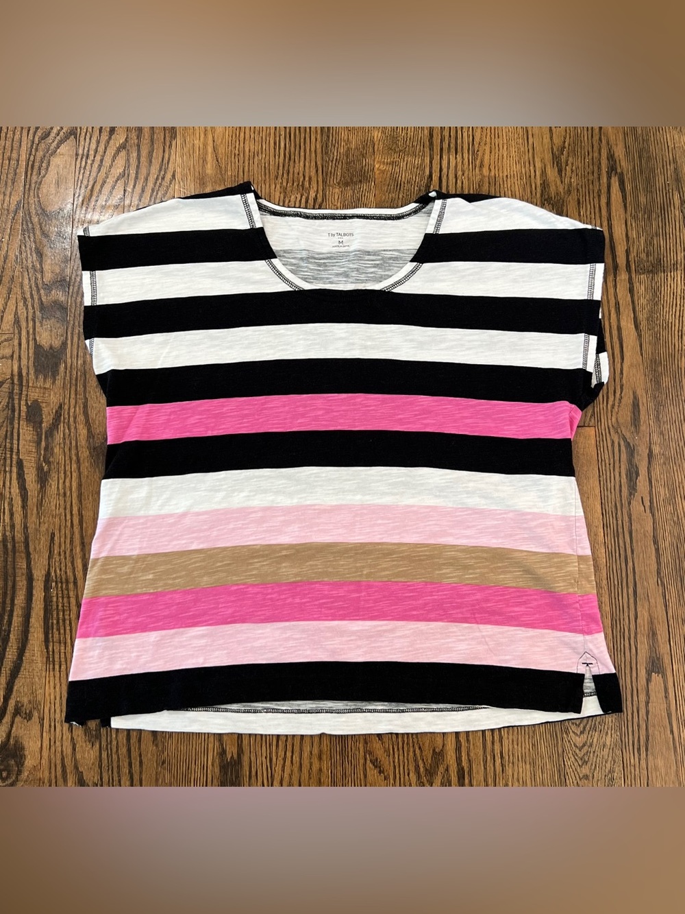 Talbots Short-Sleeve Stripe Top in Black, White, Pink & Tan